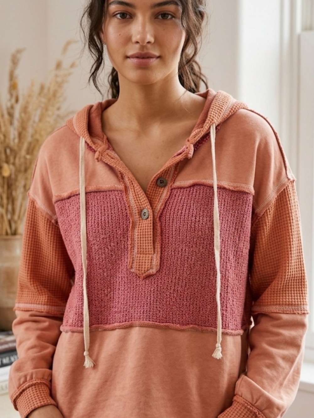 POL Two-Tone Rose and Coral Hooded Henley Pullover